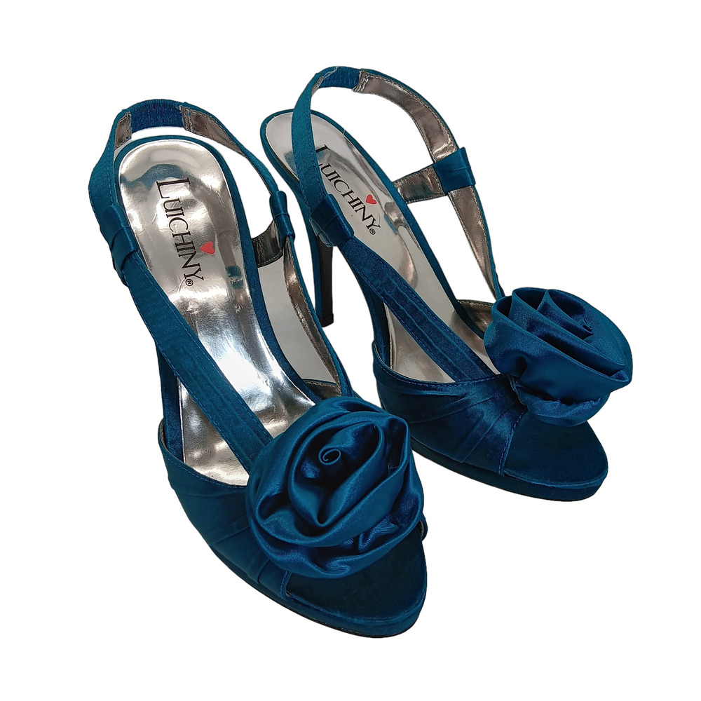 Luichiny Rosette Teal/Pecock Heels Size 8M Sling Back
